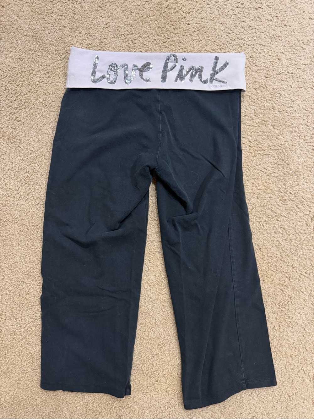 Victoria's Secret PINK Black Capri Leggings with White 'Love Pink' Waistband